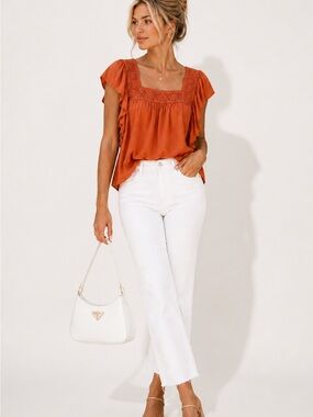 Boutique Rust Boho Eyelet Embroidered Blouse Ruffle Sleeve Top Small Chic